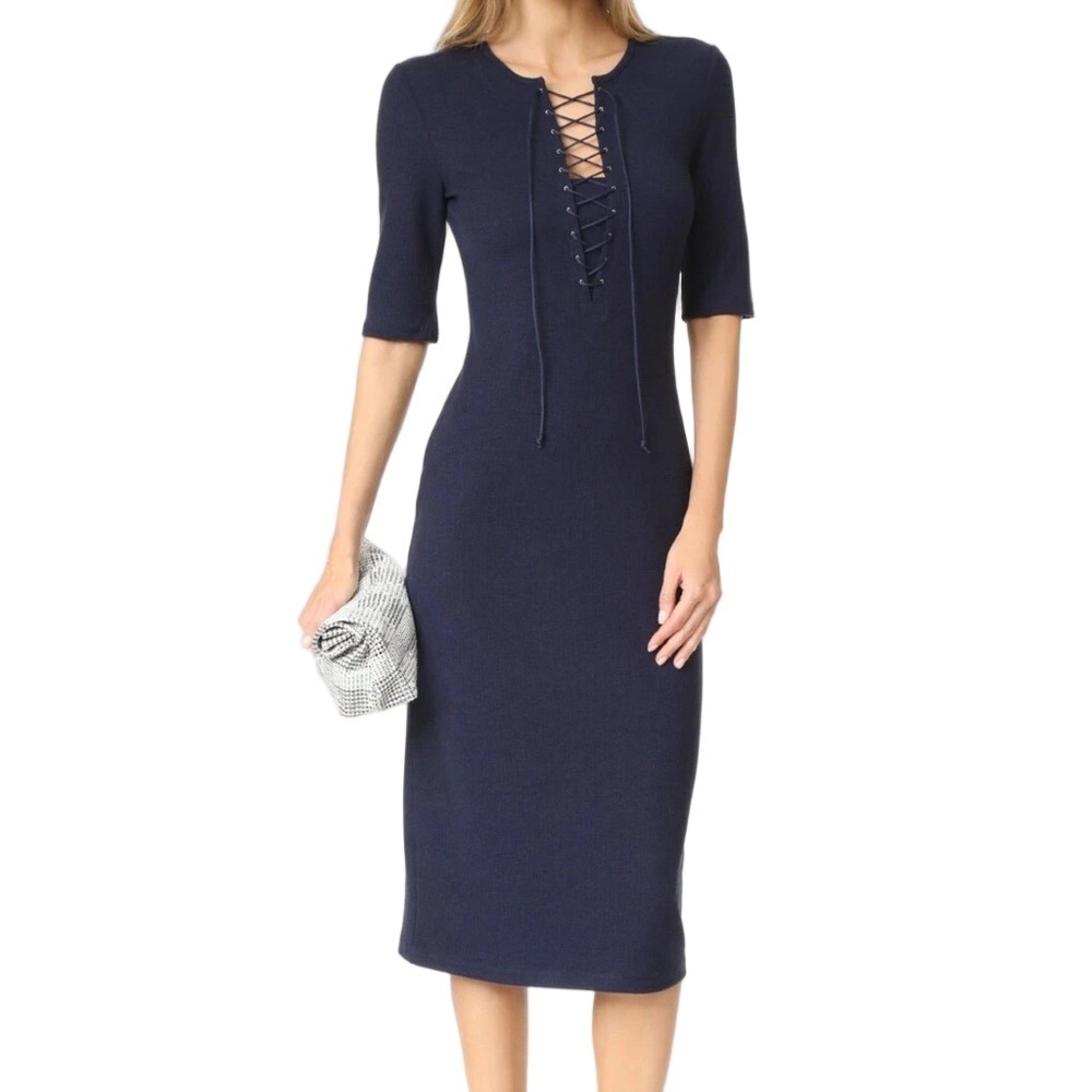DEREK LAM 10 CROSBY Med Navy Ribbed Lace Up Knit‎ Half Sleeve Bodycon Midi Dress